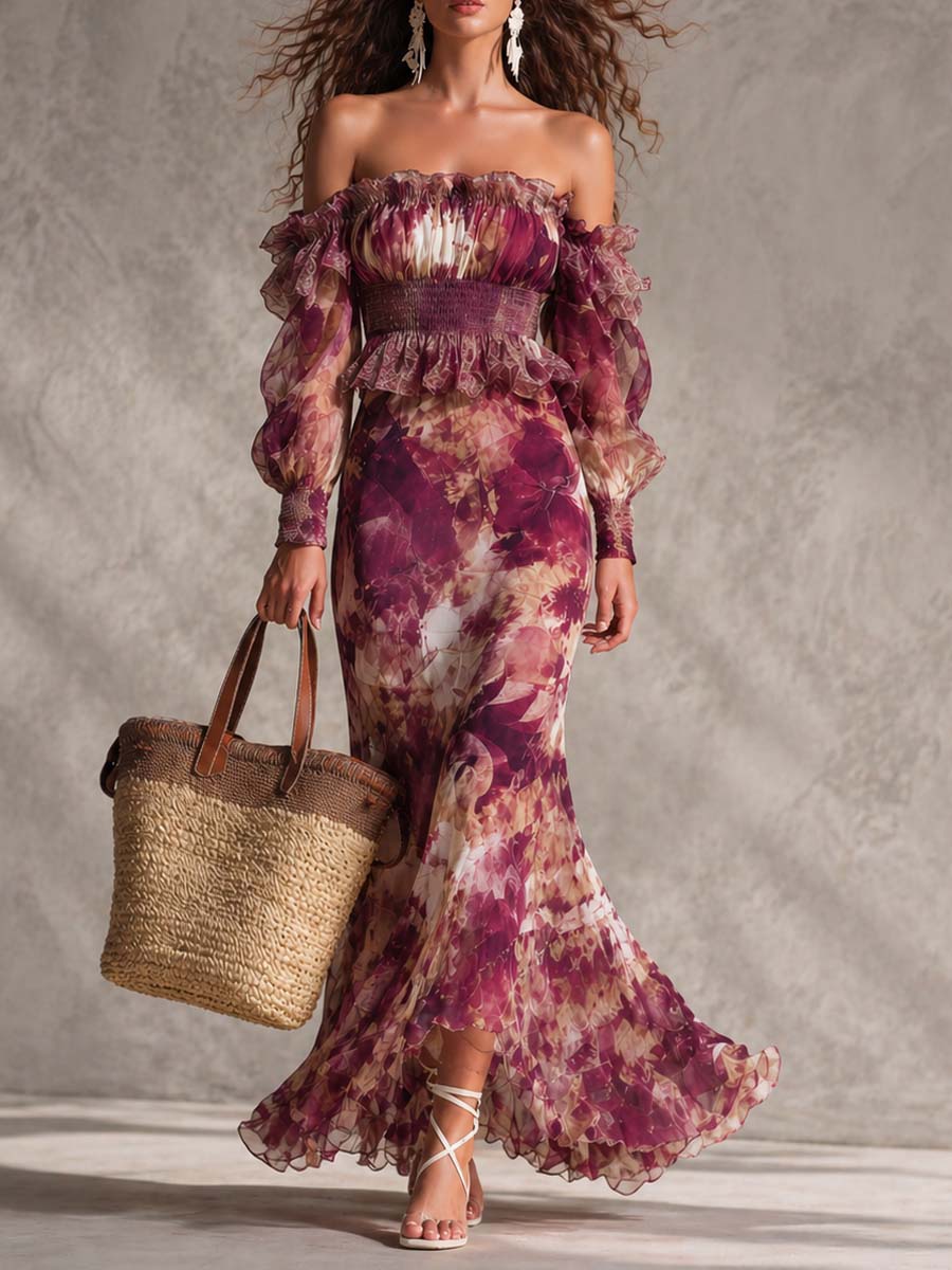 Vestido largo rosa de gasa con estampado floral y hombros descubiertos