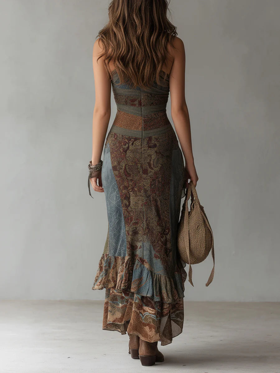 Vestido largo asimétrico de estampado audaz con abertura