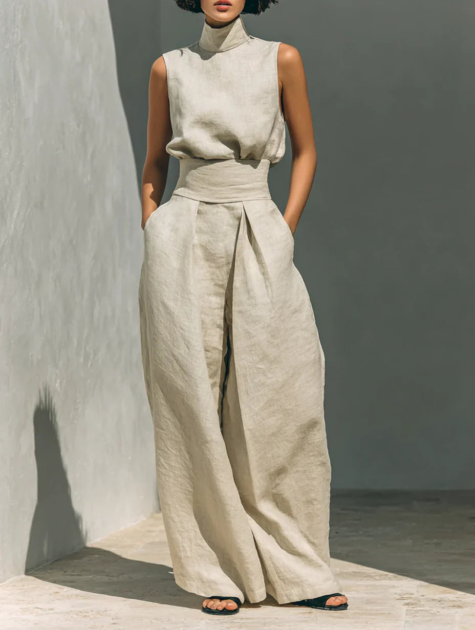 Conjunto de dos piezas en lino beige con top sin mangas y pantalón ancho