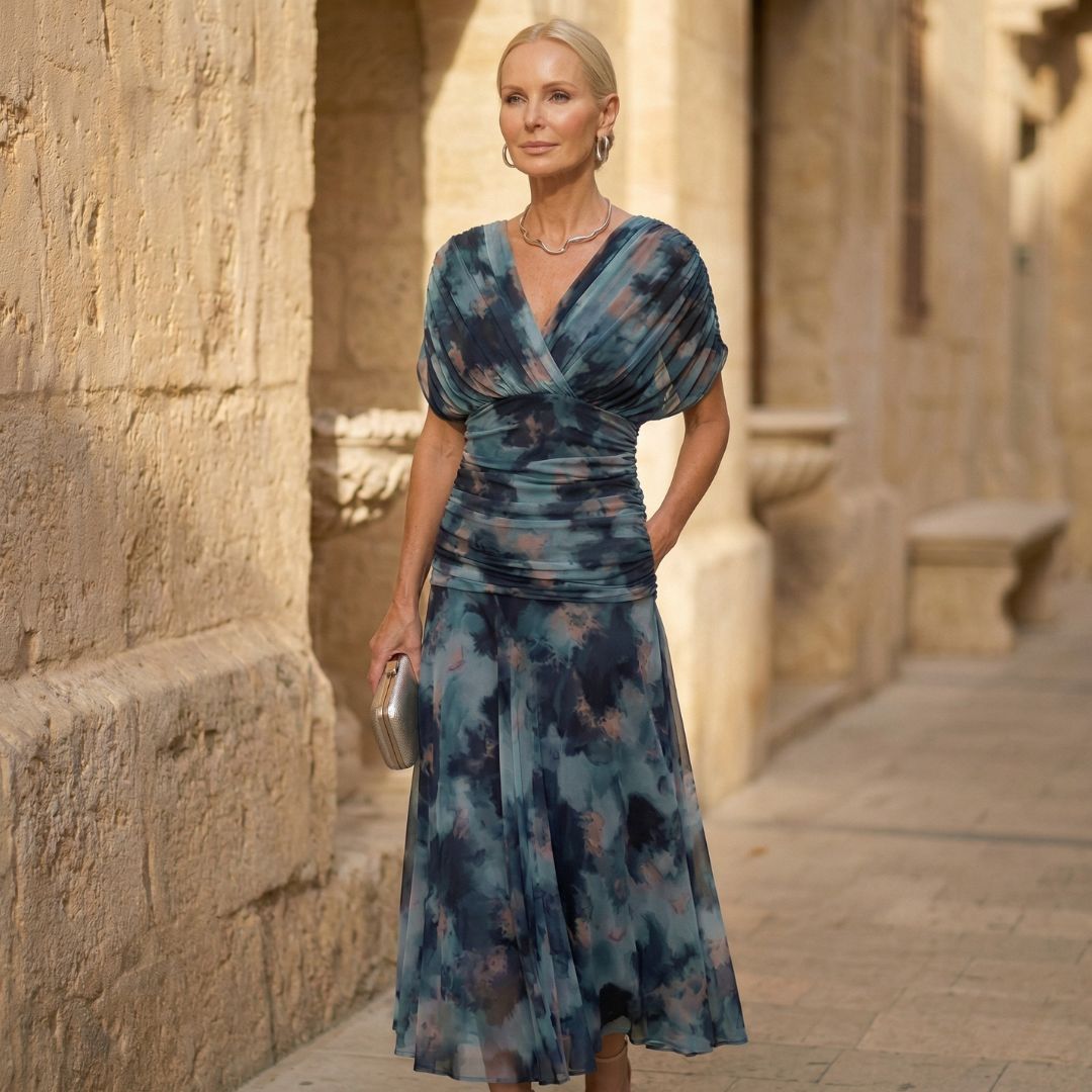 Vestido azul de escote cruzado en V