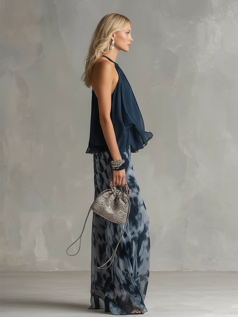 Conjunto de top de espalda descubierta azul marino y pantalón ancho estampado
