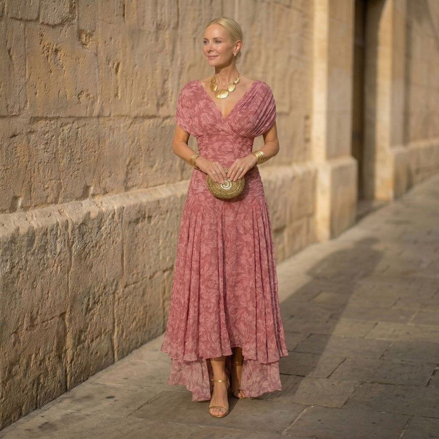 Vestido fluido de gasa rosa