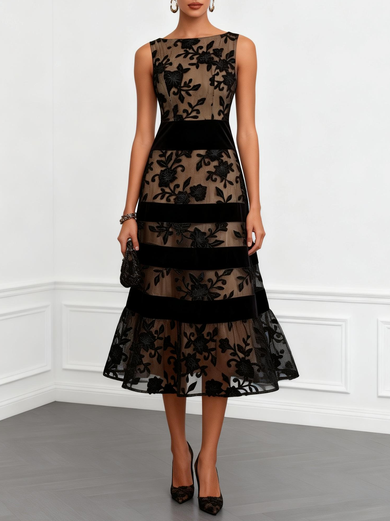 Vestido midi trapecio en tul negro con estampado floral