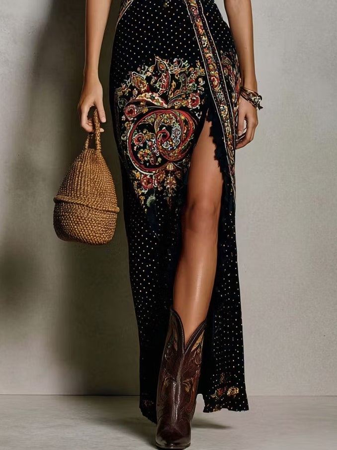 Vestido largo estampado de estilo bohemio con escote pronunciado y abertura alta