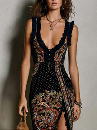 Vestido largo estampado de estilo bohemio con escote pronunciado y abertura alta