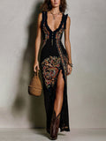 Vestido largo estampado de estilo bohemio con escote pronunciado y abertura alta
