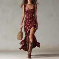 Vestido largo bohemio fruncido con estampado floral y abertura lateral