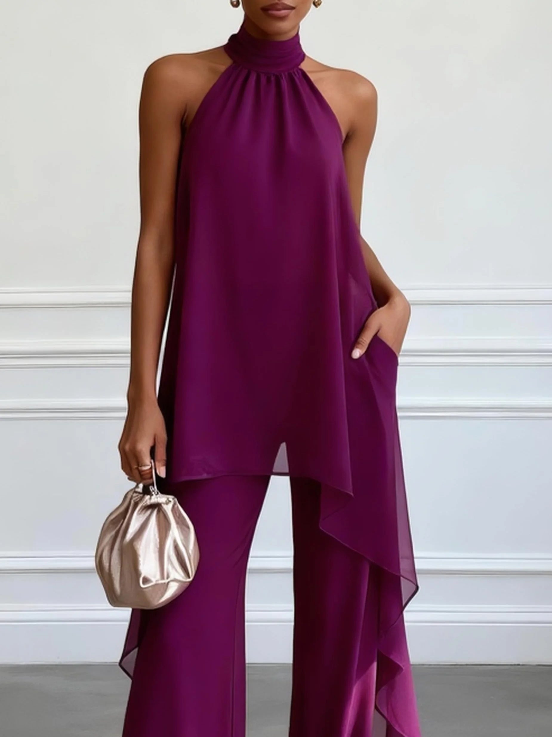 Conjunto de cuello halter y pantalón violeta