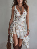 Vestido mini retro floral con cuello en V y tirantes finos