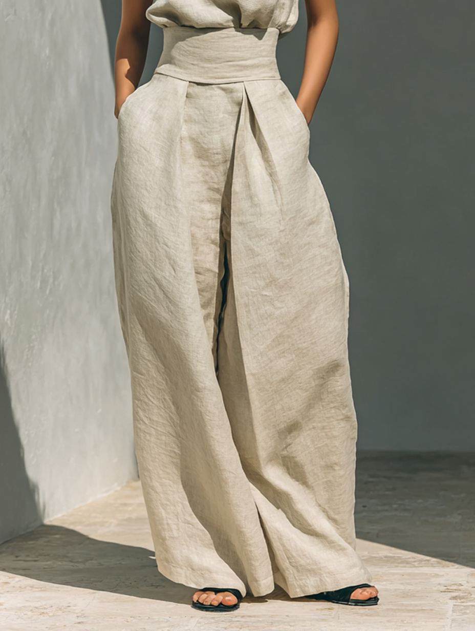 Conjunto de dos piezas en lino beige con top sin mangas y pantalón ancho