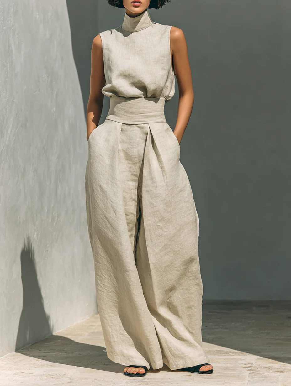 Conjunto de dos piezas en lino beige con top sin mangas y pantalón ancho