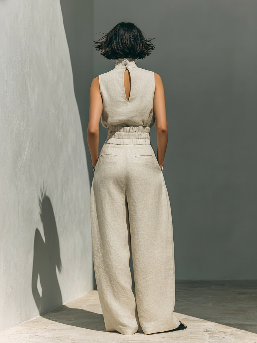Conjunto de dos piezas en lino beige con top sin mangas y pantalón ancho
