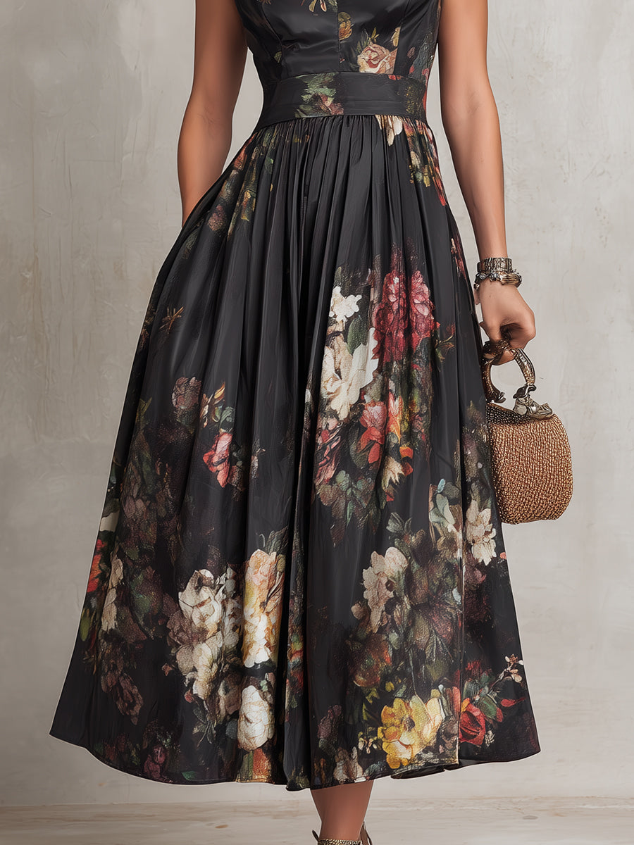 Vestido midi de satén plisado negro con estampado floral