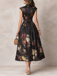 Vestido midi de satén plisado negro con estampado floral