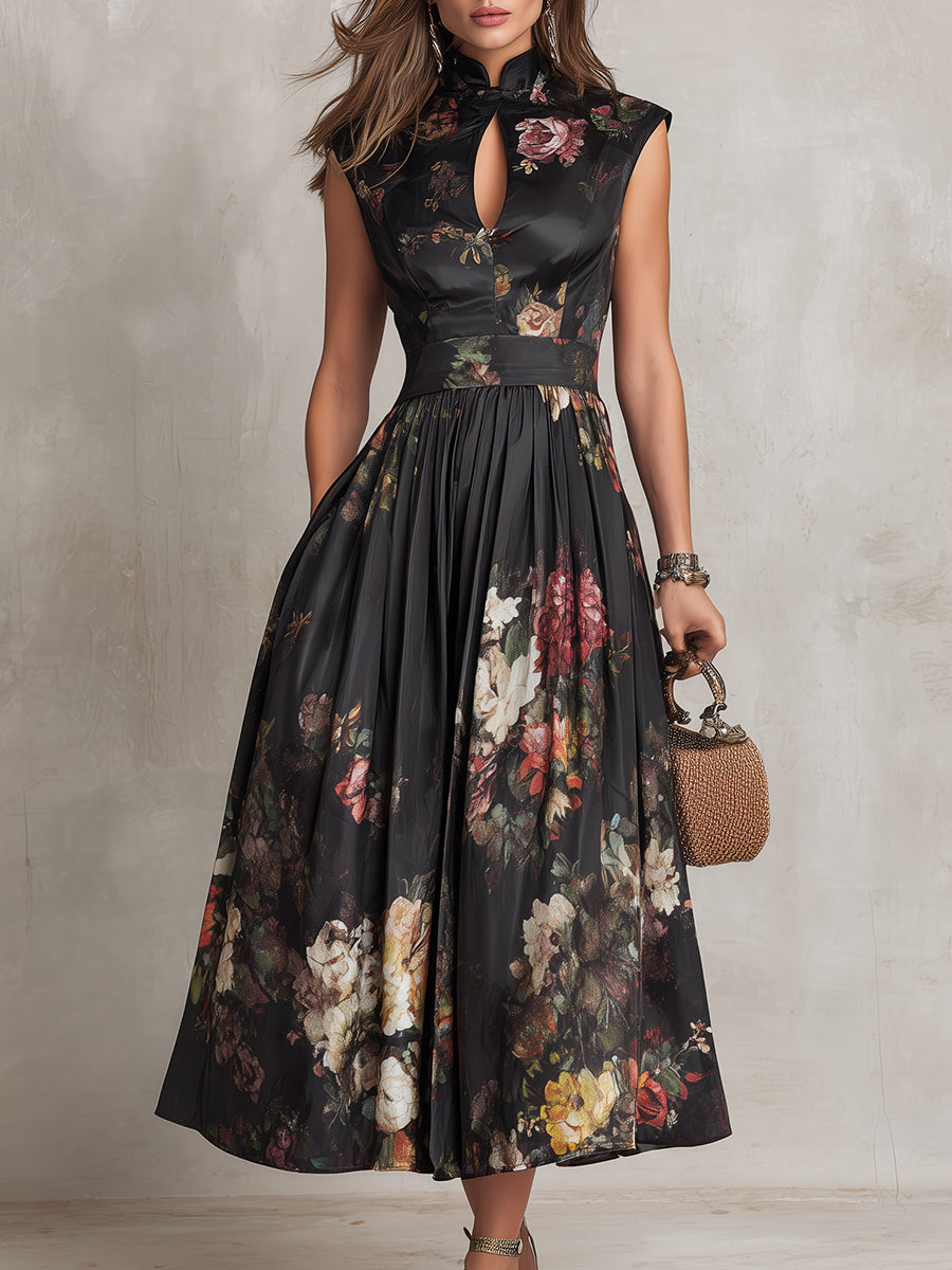 Vestido midi de satén plisado negro con estampado floral