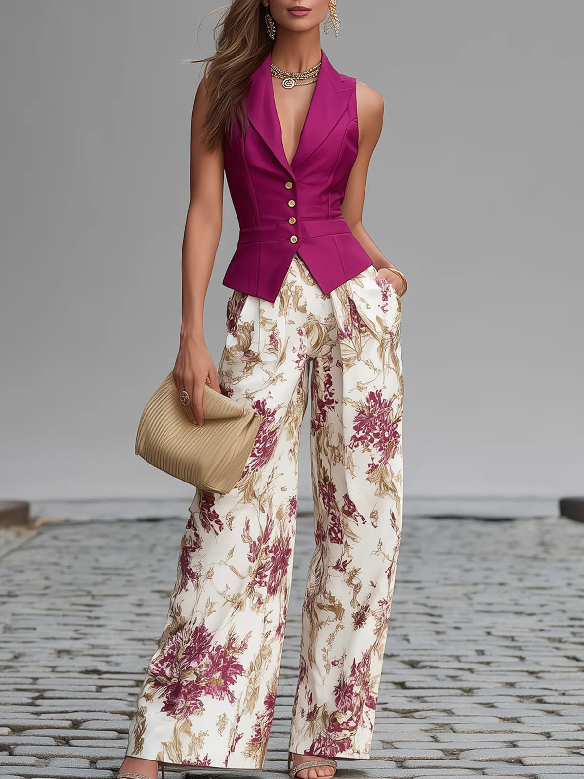 Conjunto de chaleco rosa y pantalón fluido floral