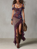 Vestido largo violeta con estampado de leopardo y flores y abertura alta