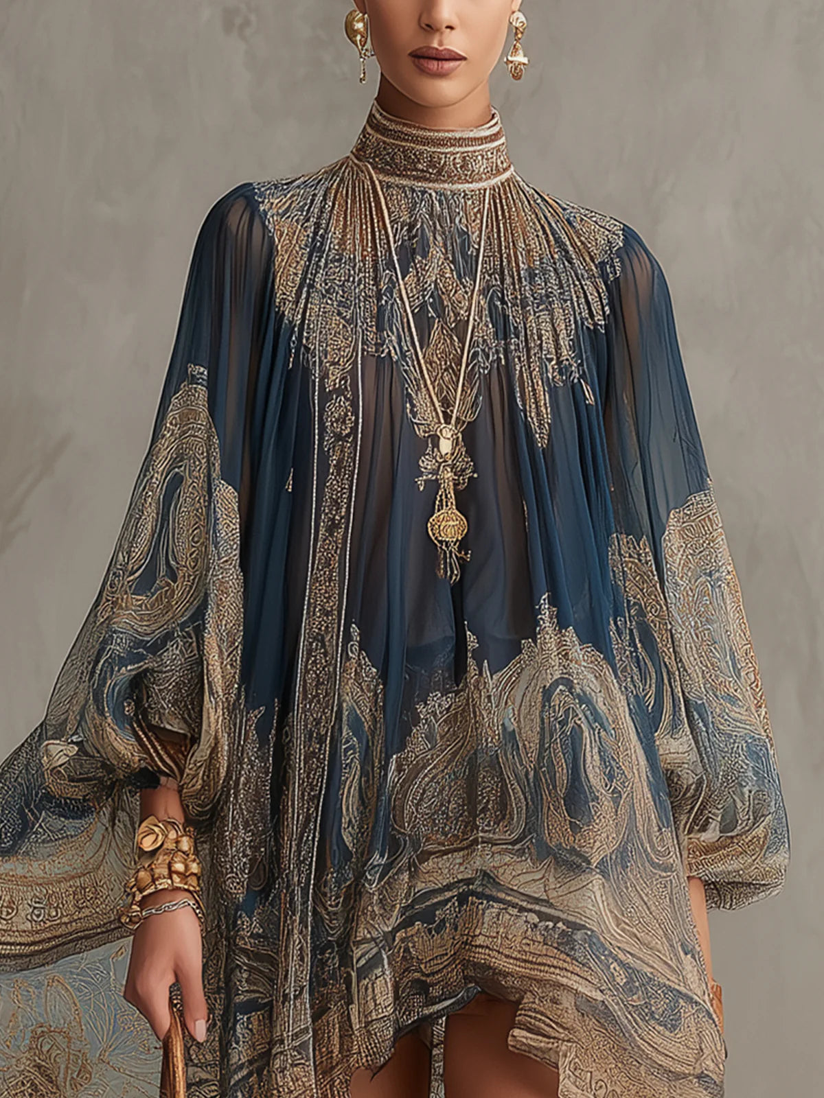 Vestido corto asimétrico en gasa azul marino con cuello alto y estampado barroco