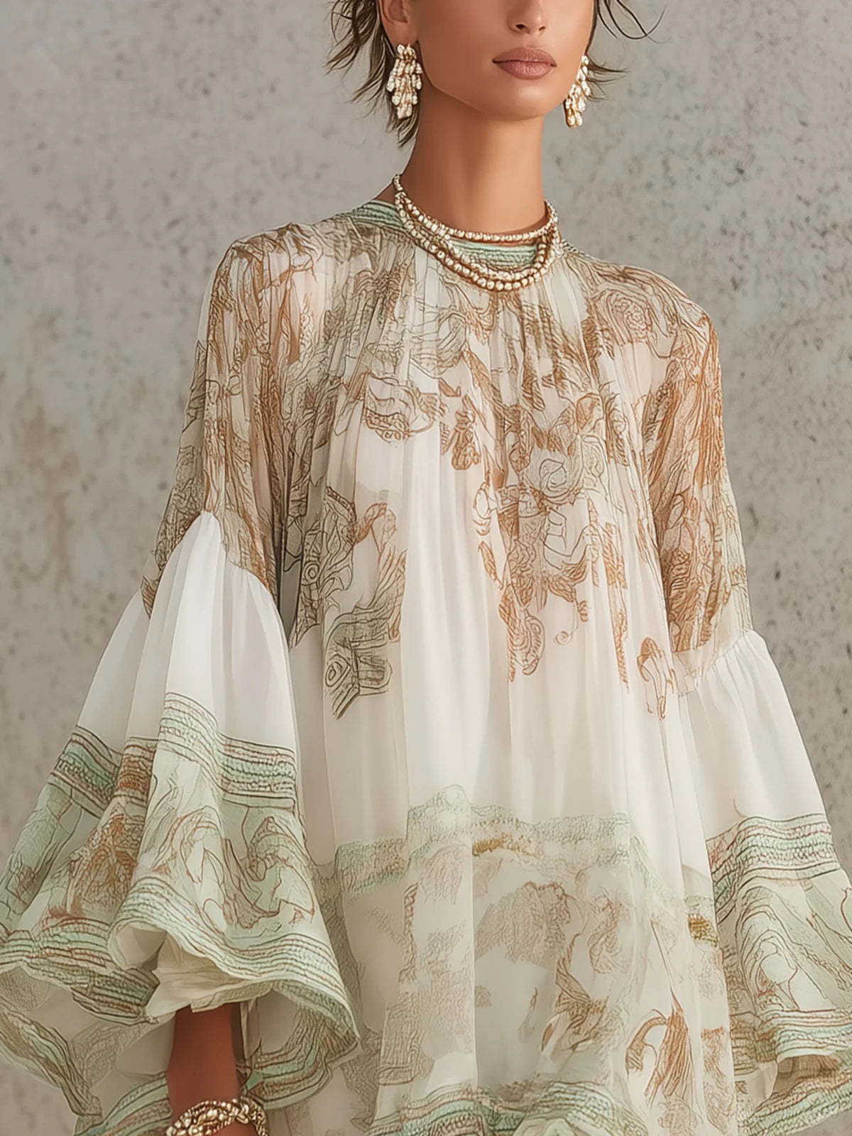 Vestido corto asimétrico en gasa verde con volantes y mangas campana