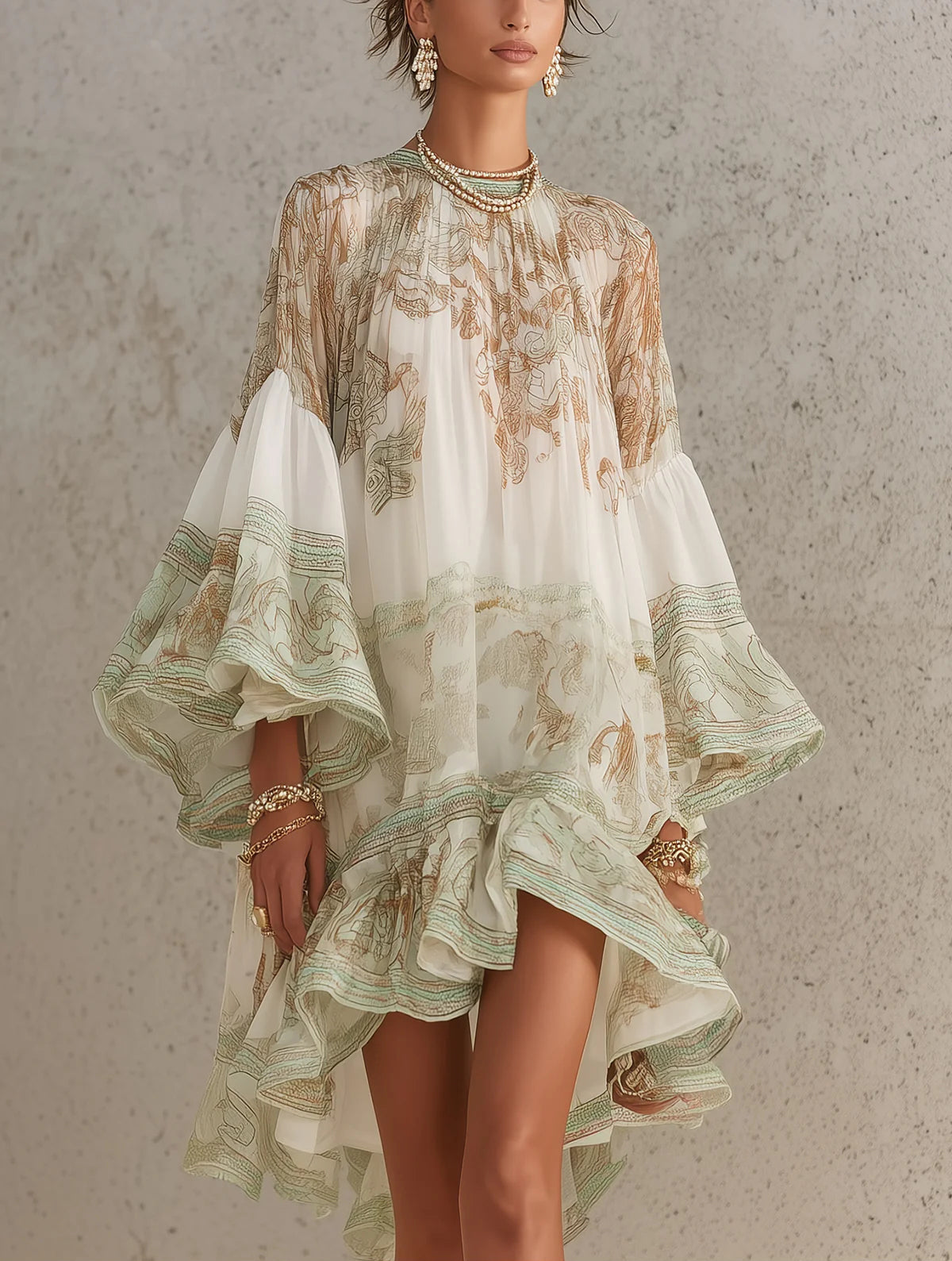 Vestido corto asimétrico en gasa verde con volantes y mangas campana