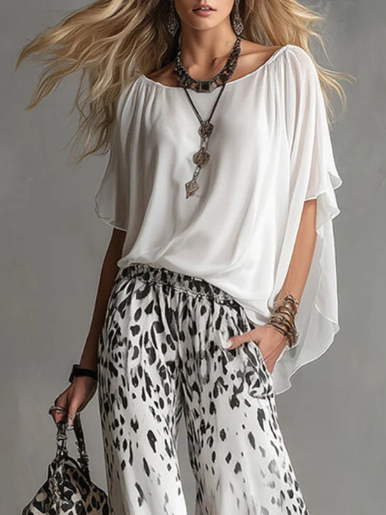 Conjunto de escote barco y gasa con estampado de leopardo