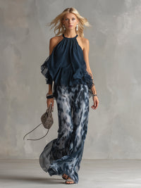 Conjunto de top de espalda descubierta azul marino y pantalón ancho estampado