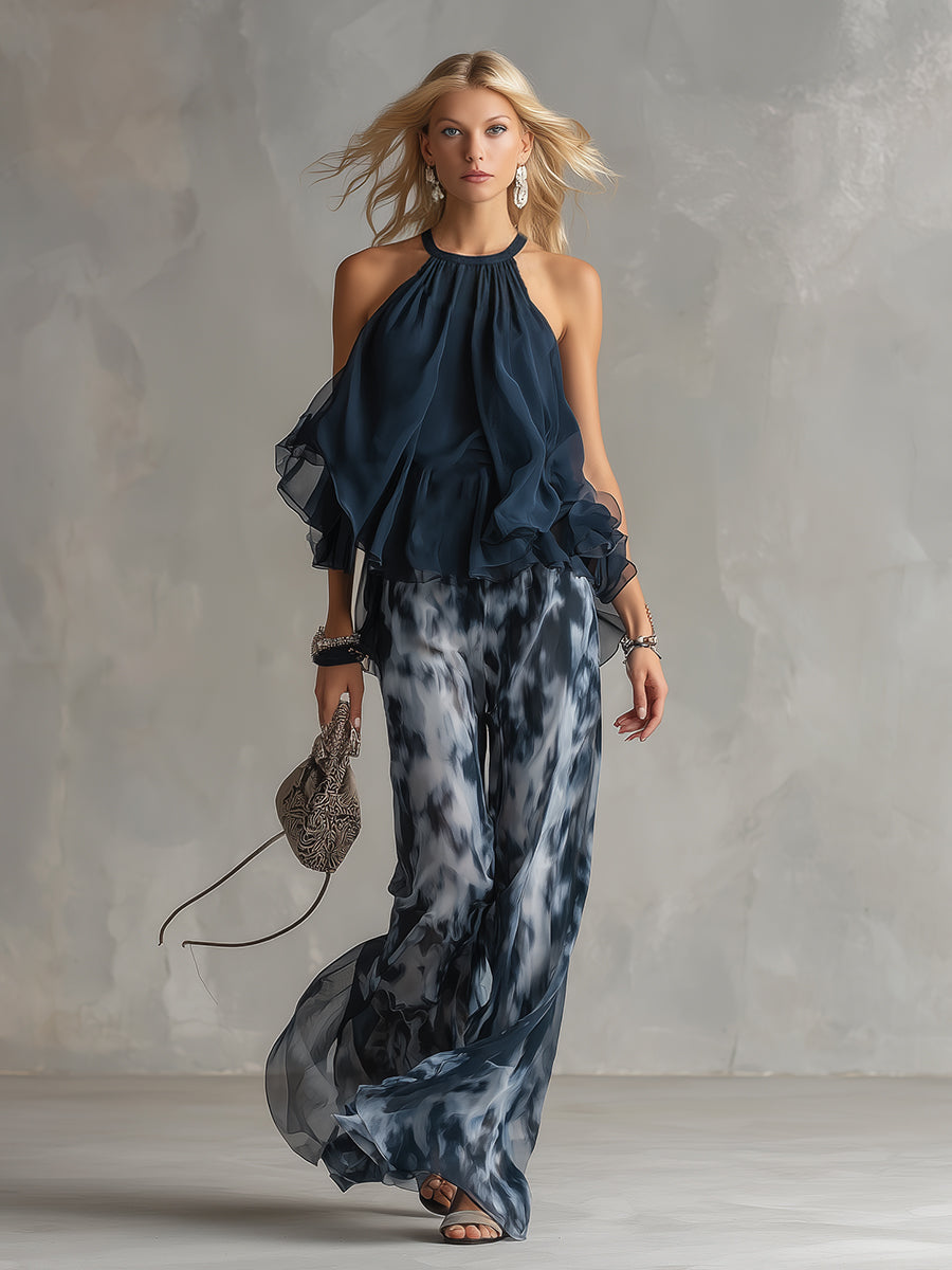 Conjunto de top de espalda descubierta azul marino y pantalón ancho estampado
