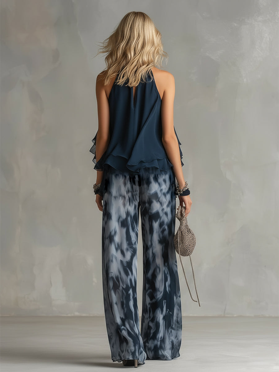 Conjunto de top de espalda descubierta azul marino y pantalón ancho estampado