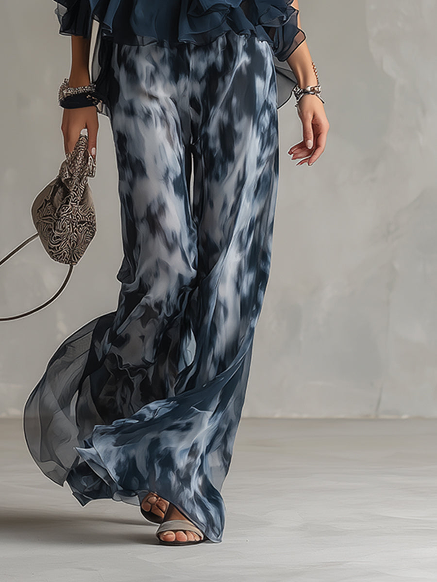 Conjunto de top de espalda descubierta azul marino y pantalón ancho estampado