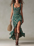 Vestido largo bohemio fruncido con estampado floral y abertura lateral