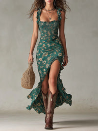 Vestido largo bohemio fruncido con estampado floral y abertura lateral