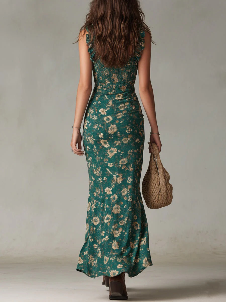 Vestido largo bohemio fruncido con estampado floral y abertura lateral