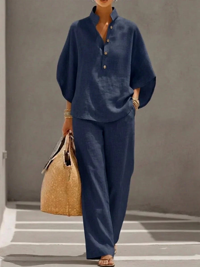 Conjunto efecto lino con manga murciélago y pantalón ancho
