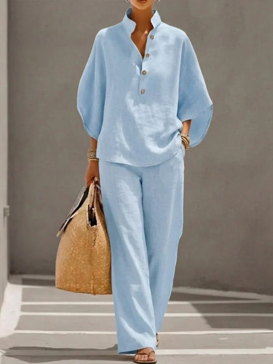 Conjunto efecto lino con manga murciélago y pantalón ancho
