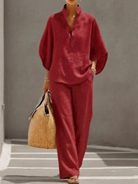 Conjunto efecto lino con manga murciélago y pantalón ancho