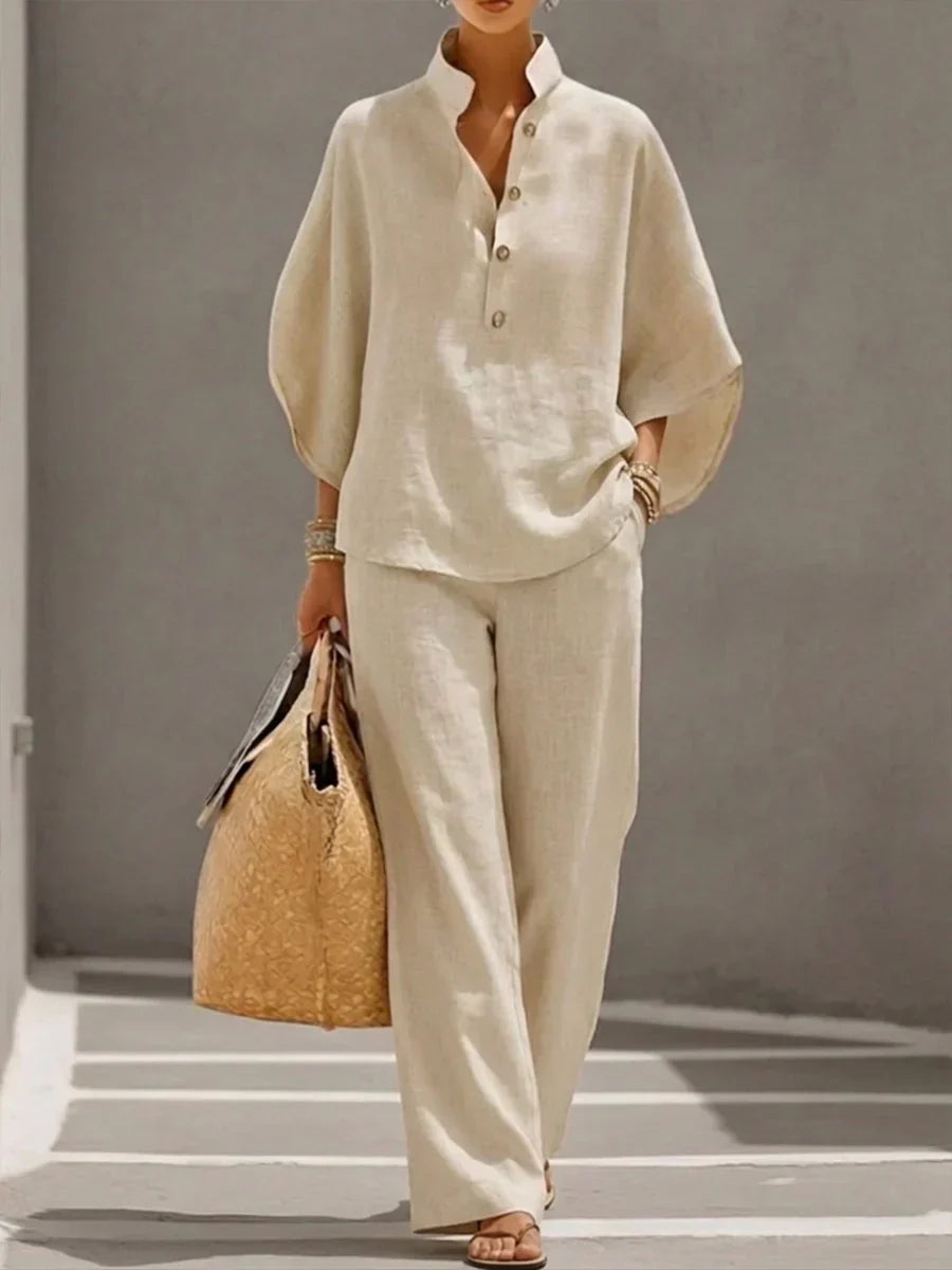 Conjunto efecto lino con manga murciélago y pantalón ancho