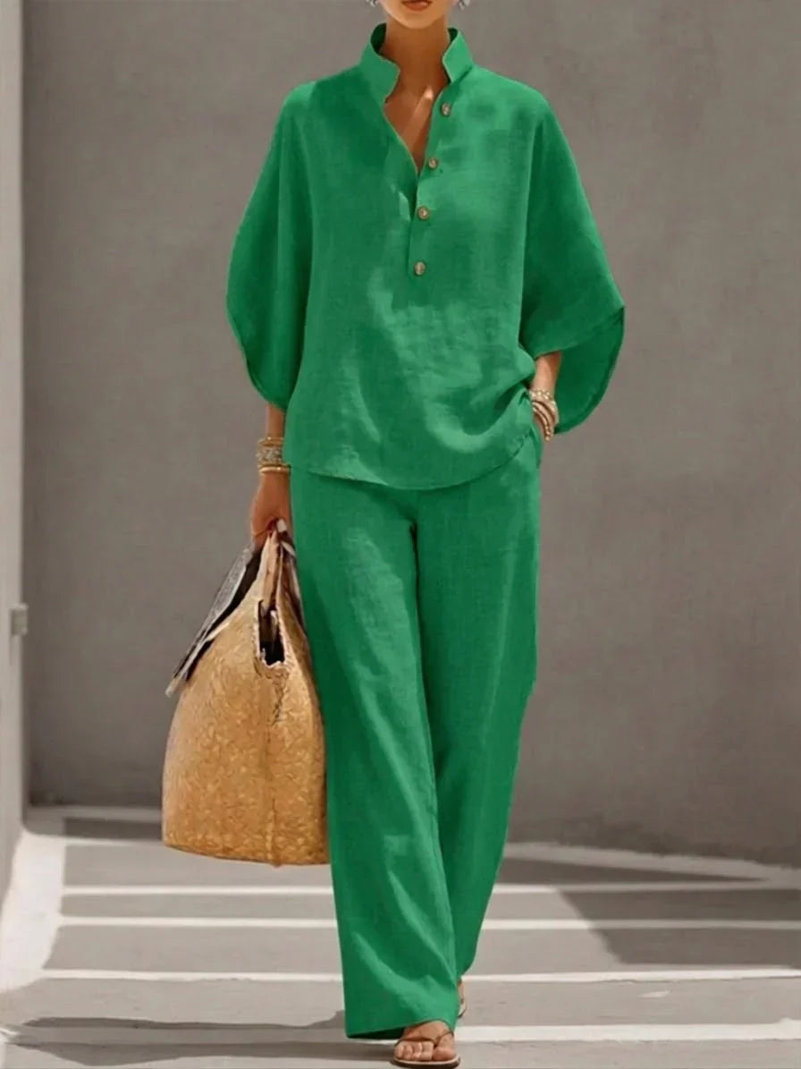 Conjunto efecto lino con manga murciélago y pantalón ancho